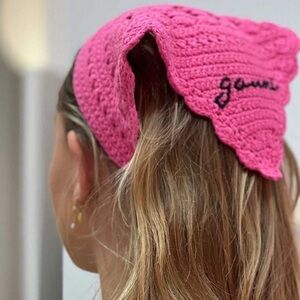 NWT Ganni Pink Crochet Knit Bandana Shocking Pink Logo Brand New